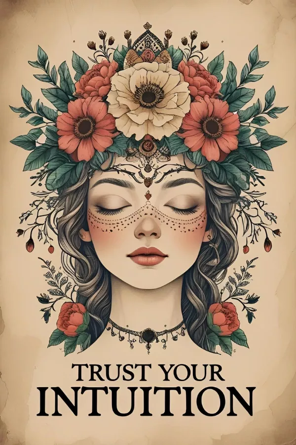 Illustration of a serene woman with eyes closed, adorned with a crown of large red and white flowers, symbolizing intuition and inner peace.
