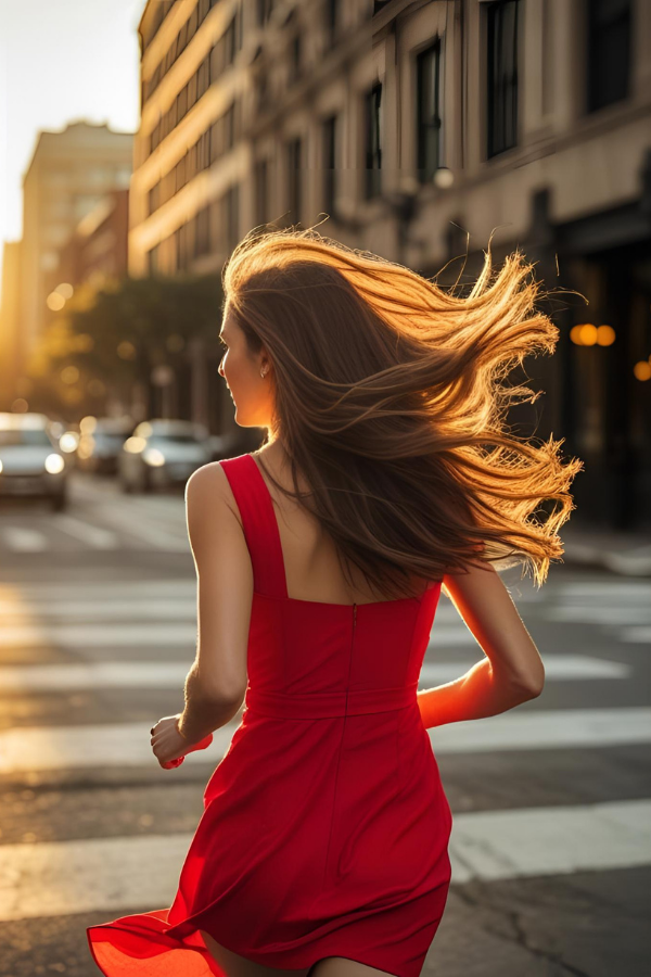 A woman in a red dress crossing the street