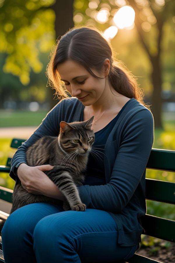 A happy woman petting a stray cat