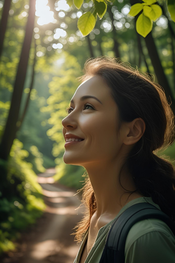 A happy woman feeling her spiritual awakening 
