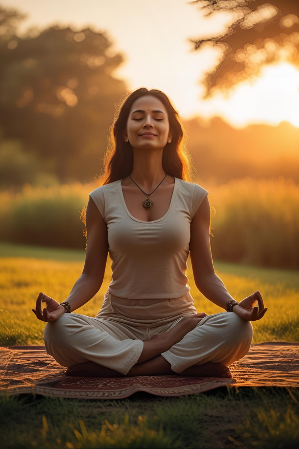 A happy woman meditating in nature