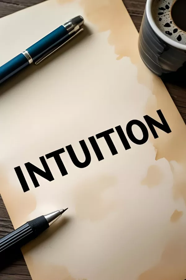 A piece of paper with the word “INTUITION” printed in bold, next to a pen and a cup of coffee, representing self-reflection and insight.