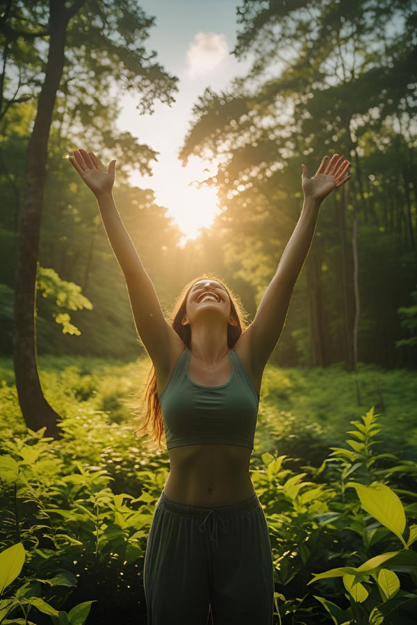 A happy woman feeling one with nature