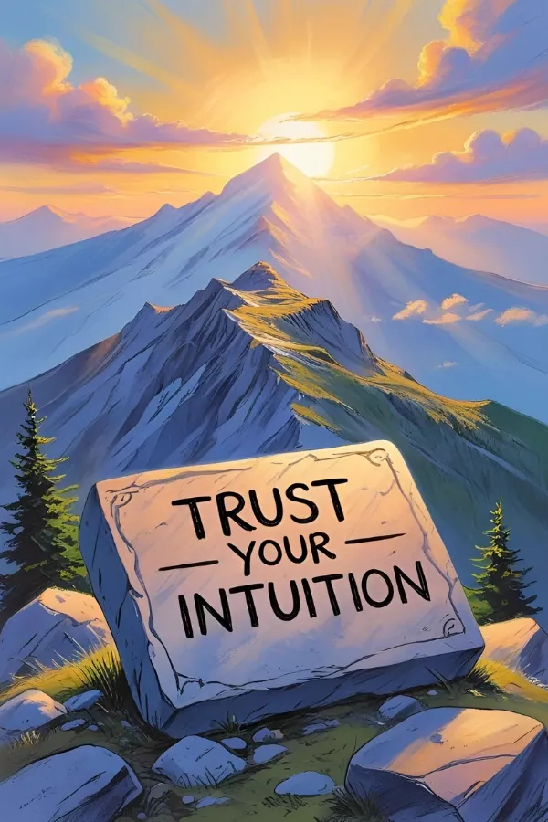 Inspirational illustration of a sunrise over mountains with a stone in the foreground engraved with “Trust Your Intuition.”
