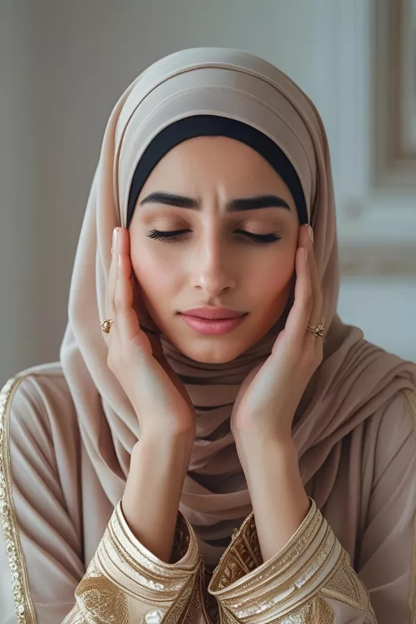 Woman in a beige hijab and embroidered outfit, gently pressing her temples with eyes closed, reflecting deep thought and mindfulness.