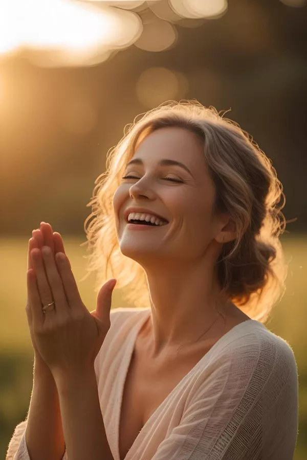 Smiling woman with eyes closed, hands in prayer position, basking in the golden glow of sunlight, symbolizing gratitude and joy.