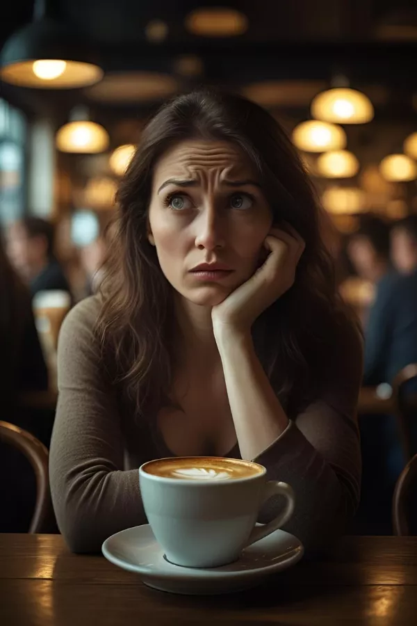 Woman in a café with a cup of coffee, looking thoughtful and slightly concerned, representing moments of contemplation or uncertainty.