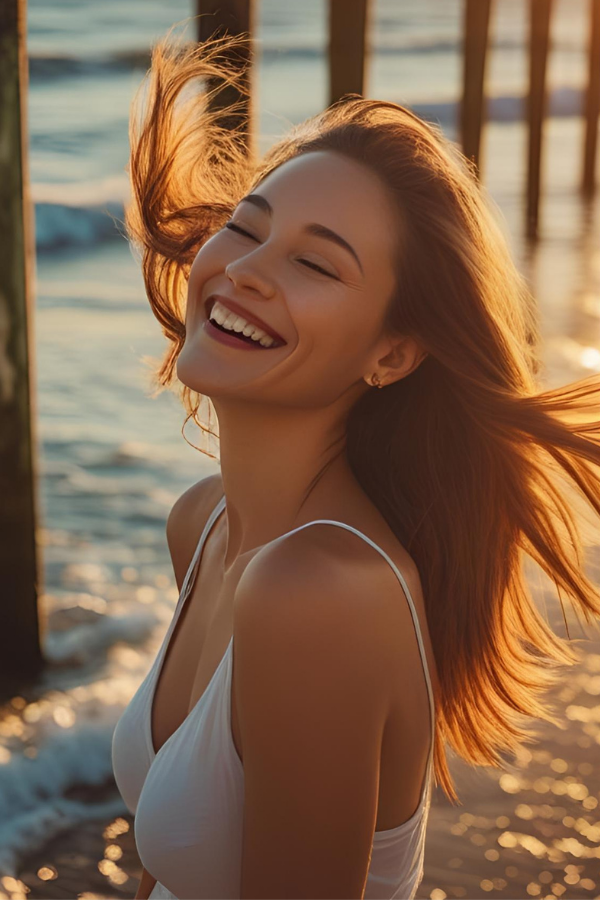 A happy woman feeling her spiritual awakening 