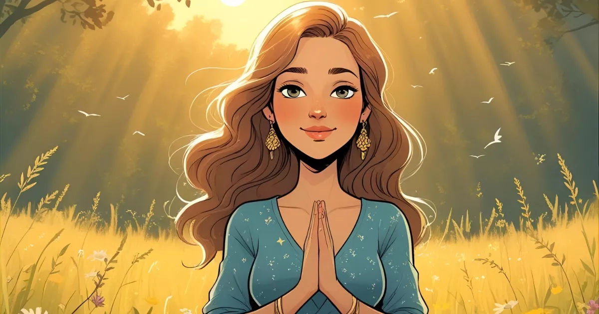 Artistic illustration of a woman with long hair, hands together in gratitude, standing in a sunlit meadow surrounded by birds and flowers.