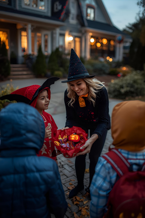 A woman giving candies to kids on Halloween #Halloween #Halloween2025 #HappyHalloween
