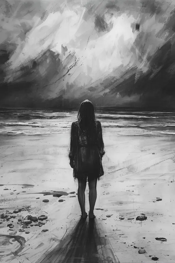 A woman looking at the sea; black and white portrait