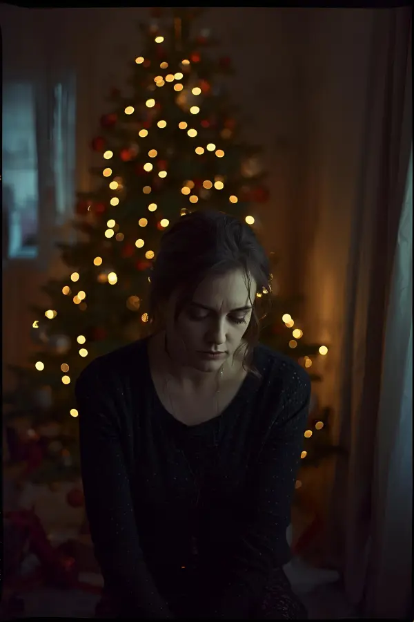 A sad woman in front of a Christmas tree