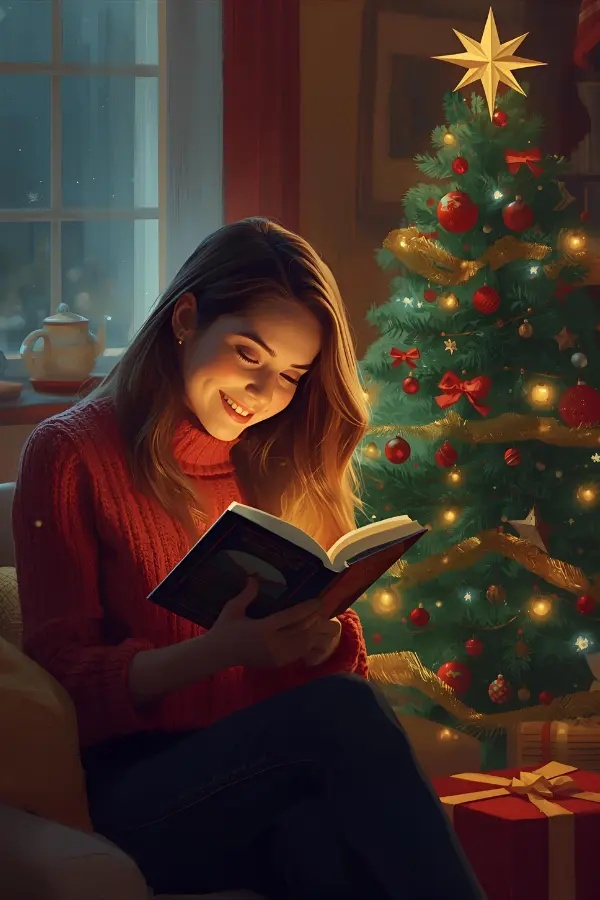 A woman reading a book by a Christmas tree
