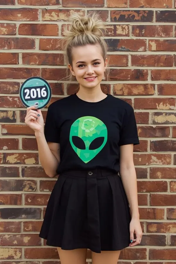 A teenager wearing an alien shirt, holding up a 2016 sign