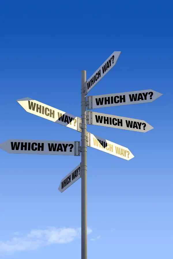 A roadsign saying "which way?"